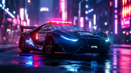 Police car on a city street at night. 3D rendering.