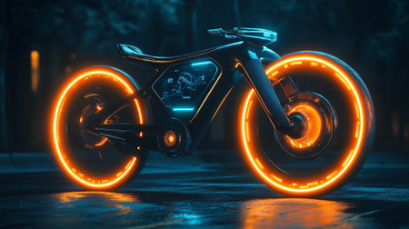 3d rendering of a motorcycle with neon lights in the night cityの写真素材