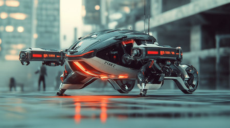 3D rendering of a robot flying in the city at night.の写真素材