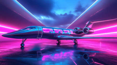 3D rendering of a military aircraft in the space with neon lights