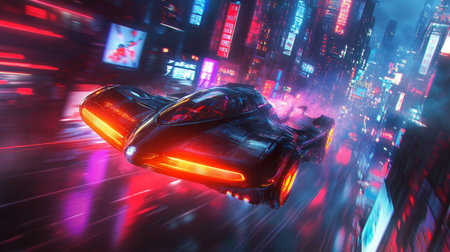 Cyberpunk robot flying in the space. 3D Rendering