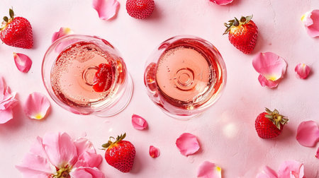 Glasses of rose wine with strawberry and petals on pink backgroundの写真素材