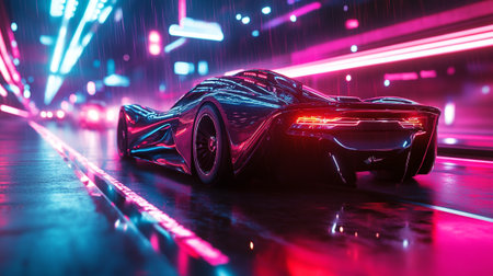 Black sport car on the road at night. 3d rendering.の写真素材