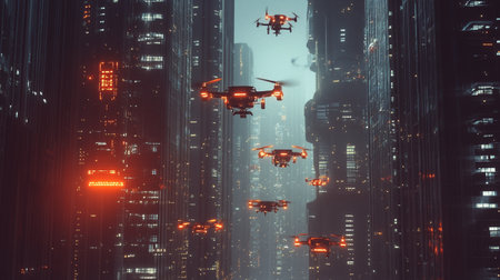 Drone flying in the night city. 3D Rendering.の写真素材