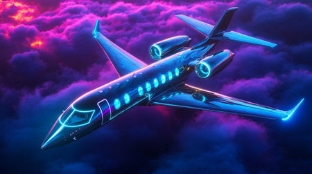 3D rendering of a passenger plane flying in the night sky.