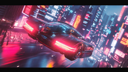 The car on the road in the night city. 3d renderingの写真素材