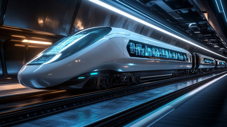 High-speed train in a dark underground station. 3D rendering