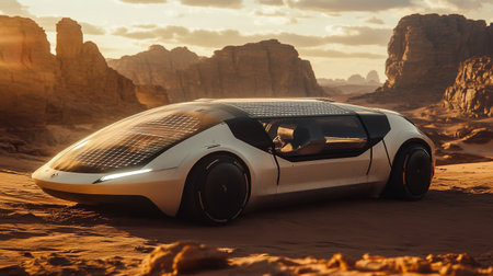 Wadi Rum desert, Jordan - 3D rendering of a car at sunset