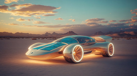 3D rendering of a concept car in the desert at sunset.の写真素材