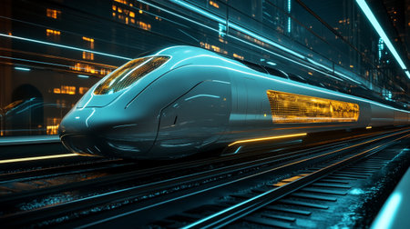 High speed train in the city at night. Transportation concept. 3d rendering