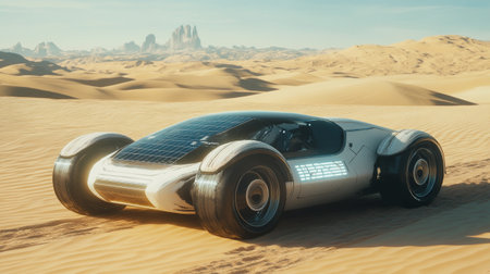 Futuristic car in the desert. 3d rendering. Computer digital drawing.の写真素材
