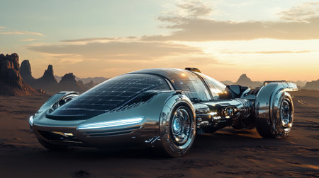 3D CG rendering of Electric car in the desert with solar panelsの写真素材