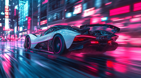 3D rendering of a sports car in the city at night.の写真素材