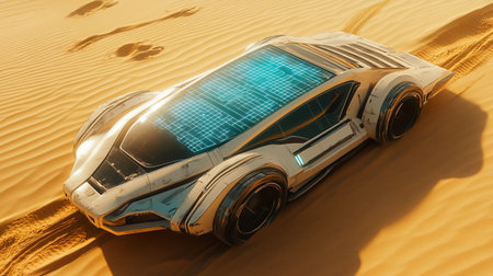 3D rendering of a brand-less generic concept car in the desert