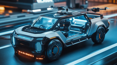 3D rendering of a futuristic vehicle in the city at night.の写真素材