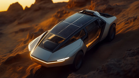 3d rendering of a car with solar panel in the desert.の写真素材