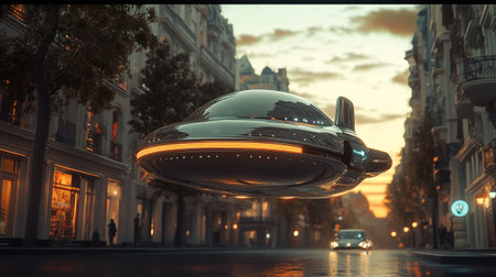 Futuristic flying saucer in the city. 3d rendering