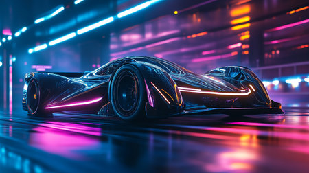 3D rendering of a futuristic sports car in the dark with neon lights