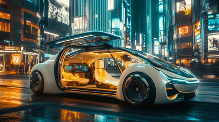 Futuristic electric car in Times Square, New York City, USA