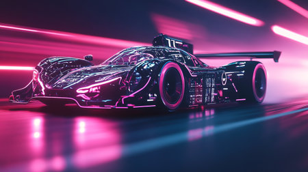 3D rendering of a racing car on the road with neon lightsの写真素材
