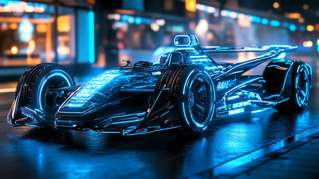 3D rendering of a futuristic race car on the street at night
