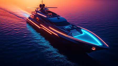 Futuristic ship in the sea at sunset. 3d renderingの写真素材