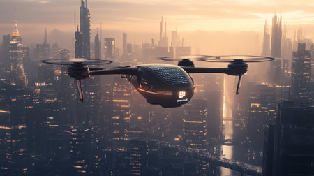 Drone flying over the city at sunset. 3D Renderingの写真素材