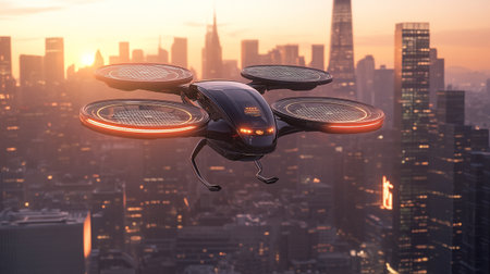 Flying drone in the city at sunset. 3d render illustration.