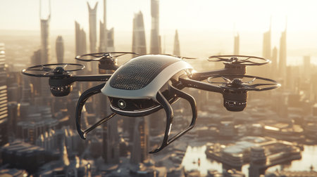 Drone flying over the city. 3D Rendering. Technology concept.