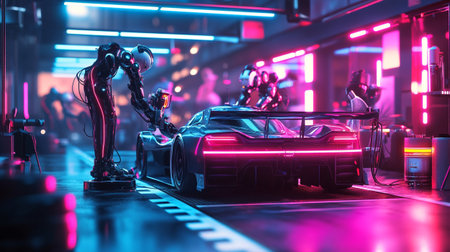 Artificial intelligence robot working on a car. Automotive industry concept.の写真素材