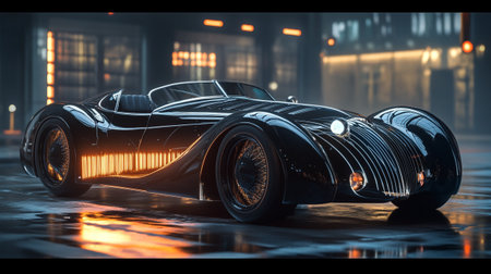 3D rendering of a black vintage sports car in the night city