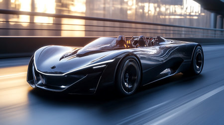 Black sport car with motion blur on the road. 3d renderingの写真素材