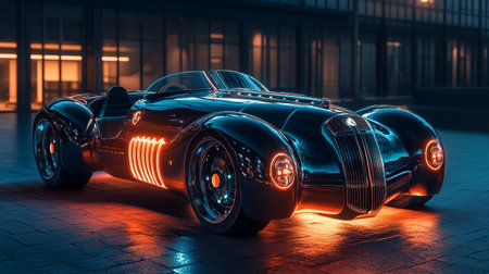 3D rendering of a vintage sports car in the night city.の写真素材