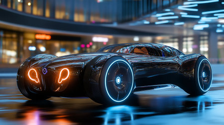 3D rendering of a futuristic car in the city at night.