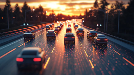 Highway traffic with cars on it at sunset. 3d rendering