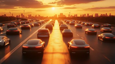 highway with cars in the city at sunset, closeup of photo