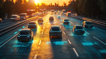 Highway traffic in the city at sunset. 3d rendering.