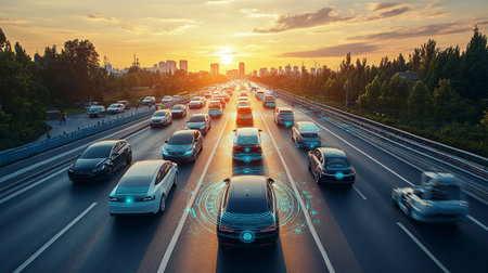 Highway with cars in the city at sunset. Concept of fast driving.