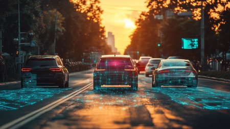 Car traffic on the road at sunset. Concept of technology and traffic.の写真素材