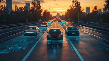 Car traffic on the highway at sunset. Concept of fast driving.の写真素材