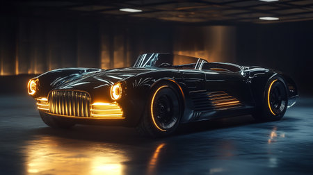 3D rendering of a classic car in a dark room with neon lightsの写真素材