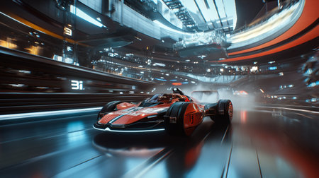 3D rendering of a formula race car racing in a futuristic environment
