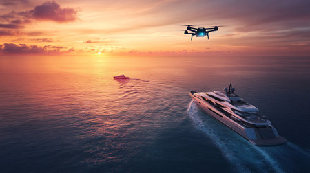 Drone flying over the sea at sunset. 3D Rendering