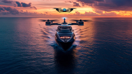 drone flying over the sea at sunset