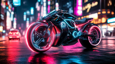 Neon motorcycle on the road at night. 3d rendering.の写真素材