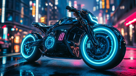 Cyberpunk motorcycle in neon light on the street. 3d renderingの写真素材