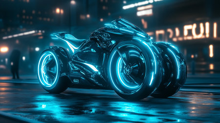 3D rendering of a futuristic car with neon lights in the cityの写真素材