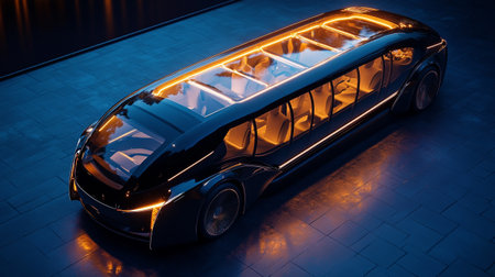 3D rendering of a futuristic electric bus with neon lights in the dark