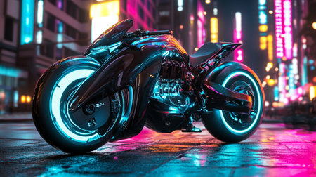 Close-up of a motorcycle parked in the city at night.