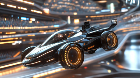 3D rendering of a futuristic car in the background of the night cityの写真素材